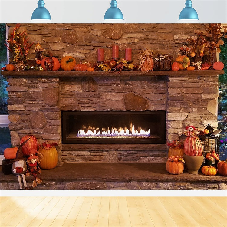 Autumn Pumpkins Fireplace Photography Backdrop BRP7-119