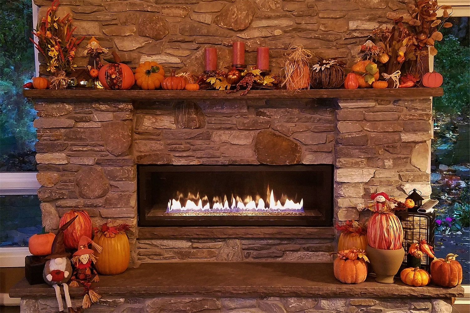 Autumn Pumpkins Fireplace Photography Backdrop BRP7-119