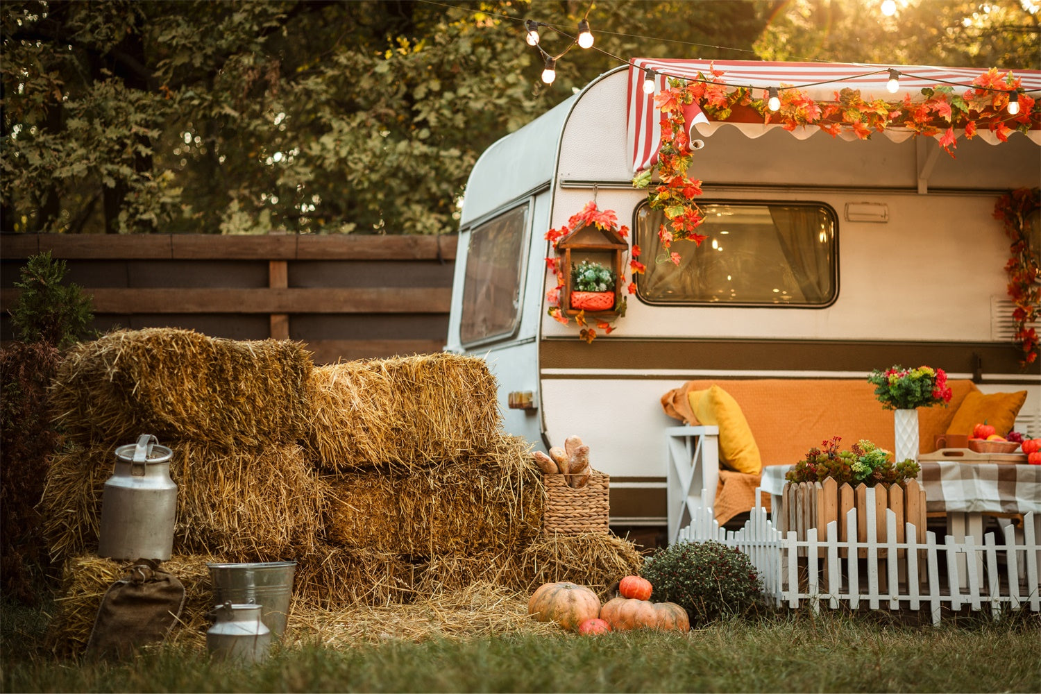 Autumn Maple Leaf White Bus Photography Backdrop BRP7-121