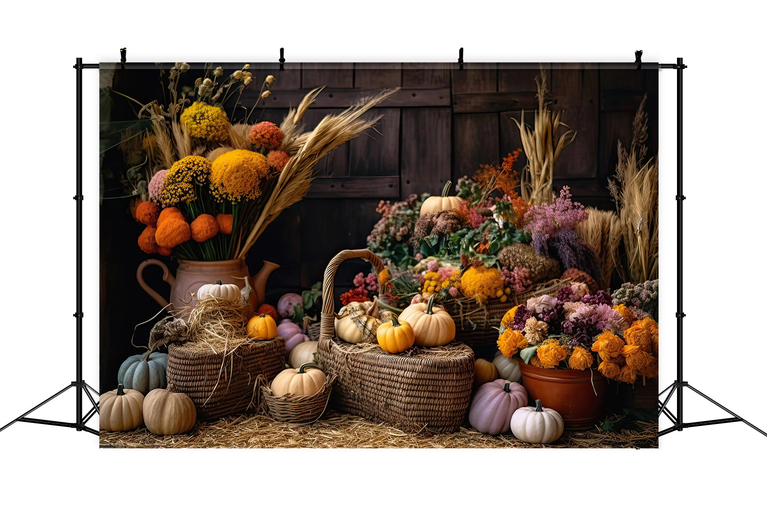 Autumn Pumpkin Reed Flowers Photography Backdrop BRP7-126