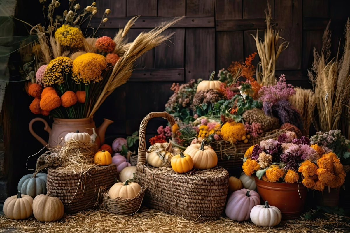 Autumn Pumpkin Reed Flowers Photography Backdrop BRP7-126