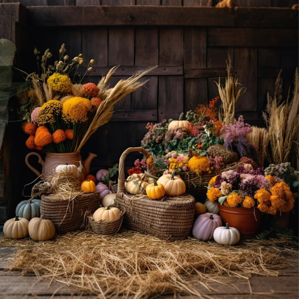 Autumn Pumpkin Reed Flowers Photography Backdrop BRP7-126