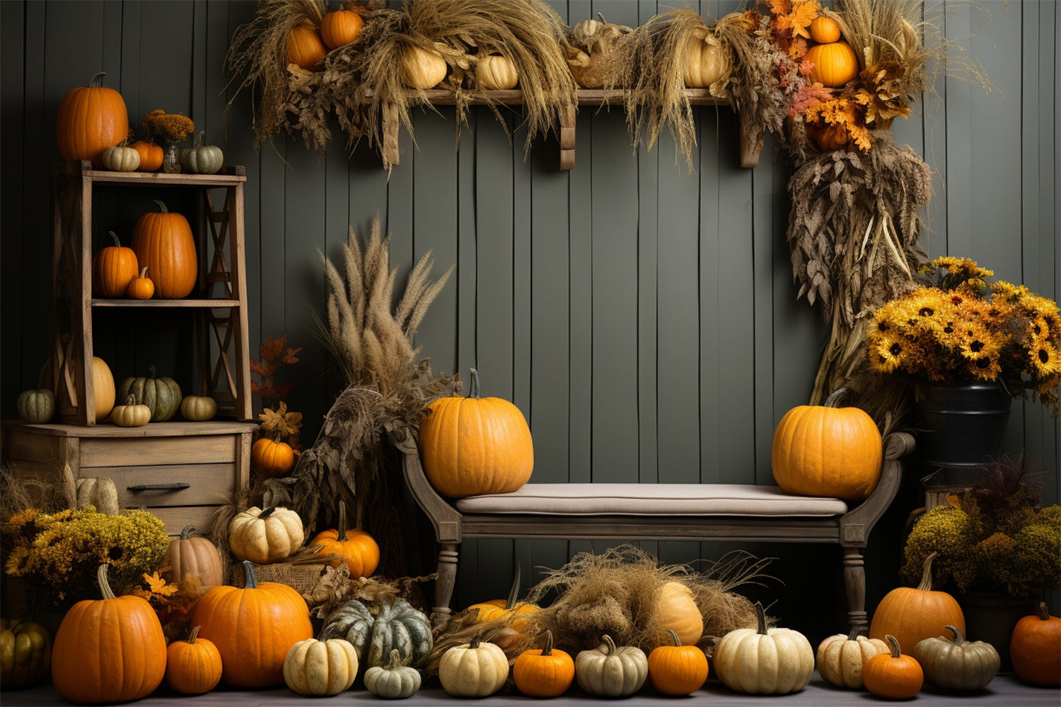 Autumn Pumpkin Shelf Reed Photography Backdrop BRP7-127