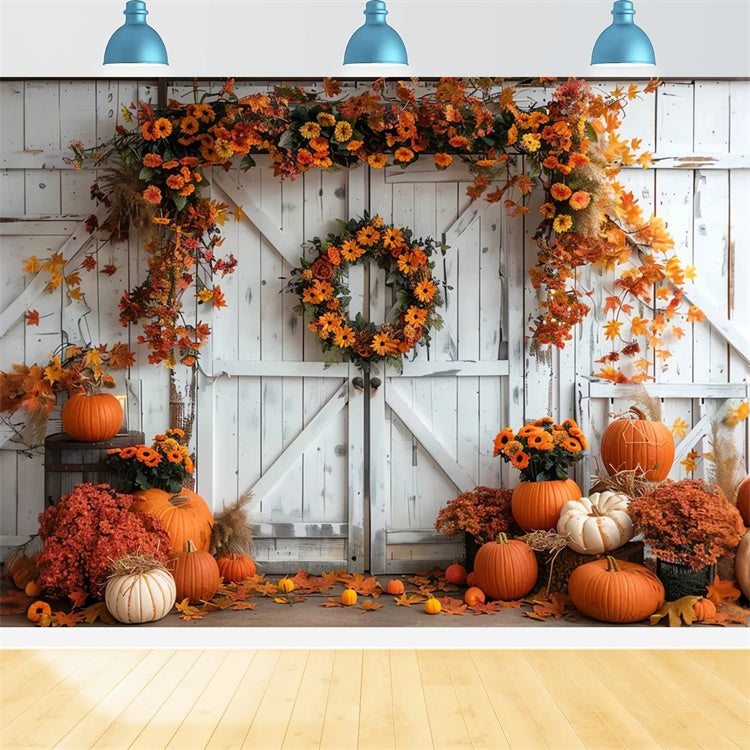 Autumn Pumpkin Maple Leaf White Wall Backdrop BRP7-129