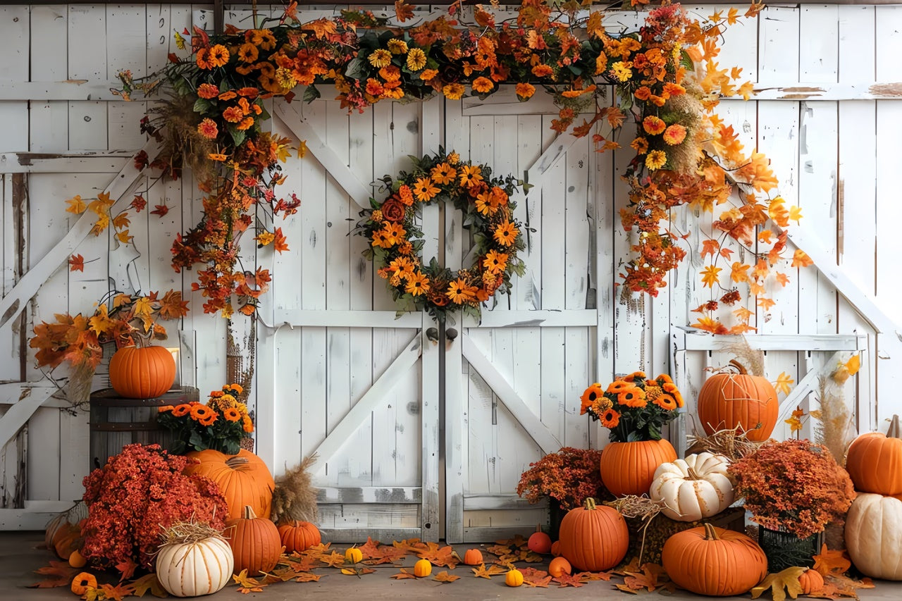 Autumn Pumpkin Maple Leaf White Wall Backdrop BRP7-129