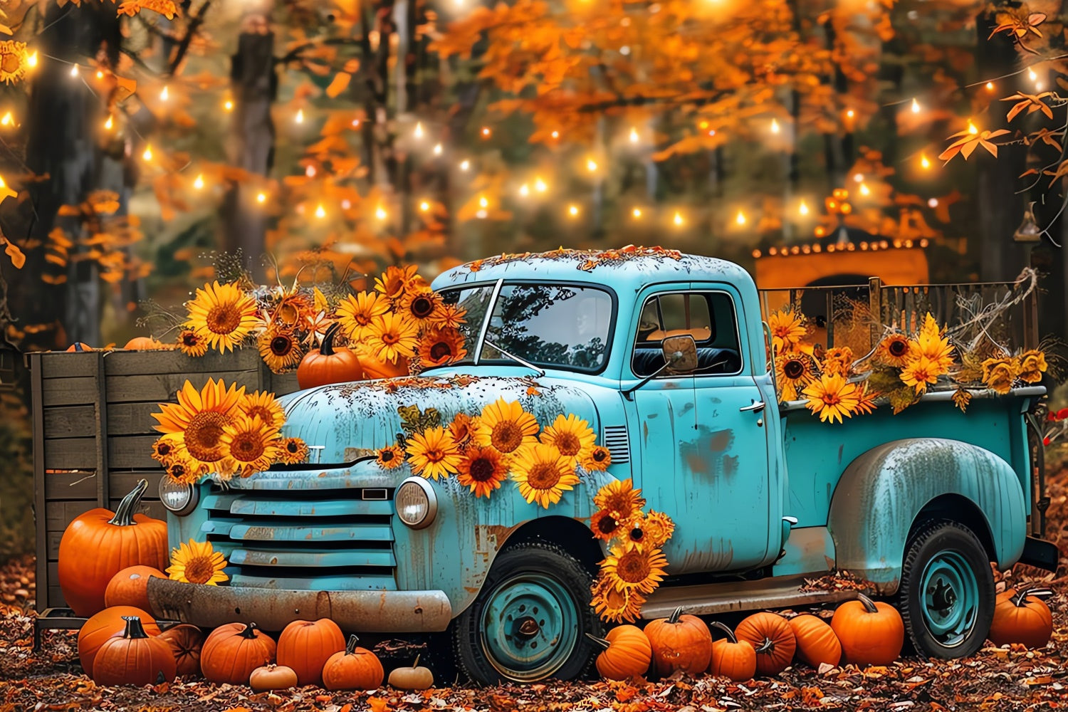 Autumn Blue Truck with Sunflowers Photography Backdrop BRP7-130