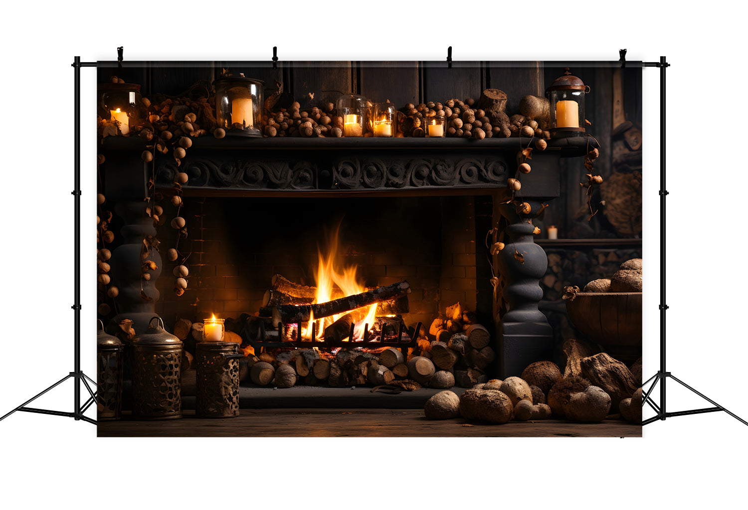 Autumn Black Fireplace and Firewood Photography Backdrop BRP7-131