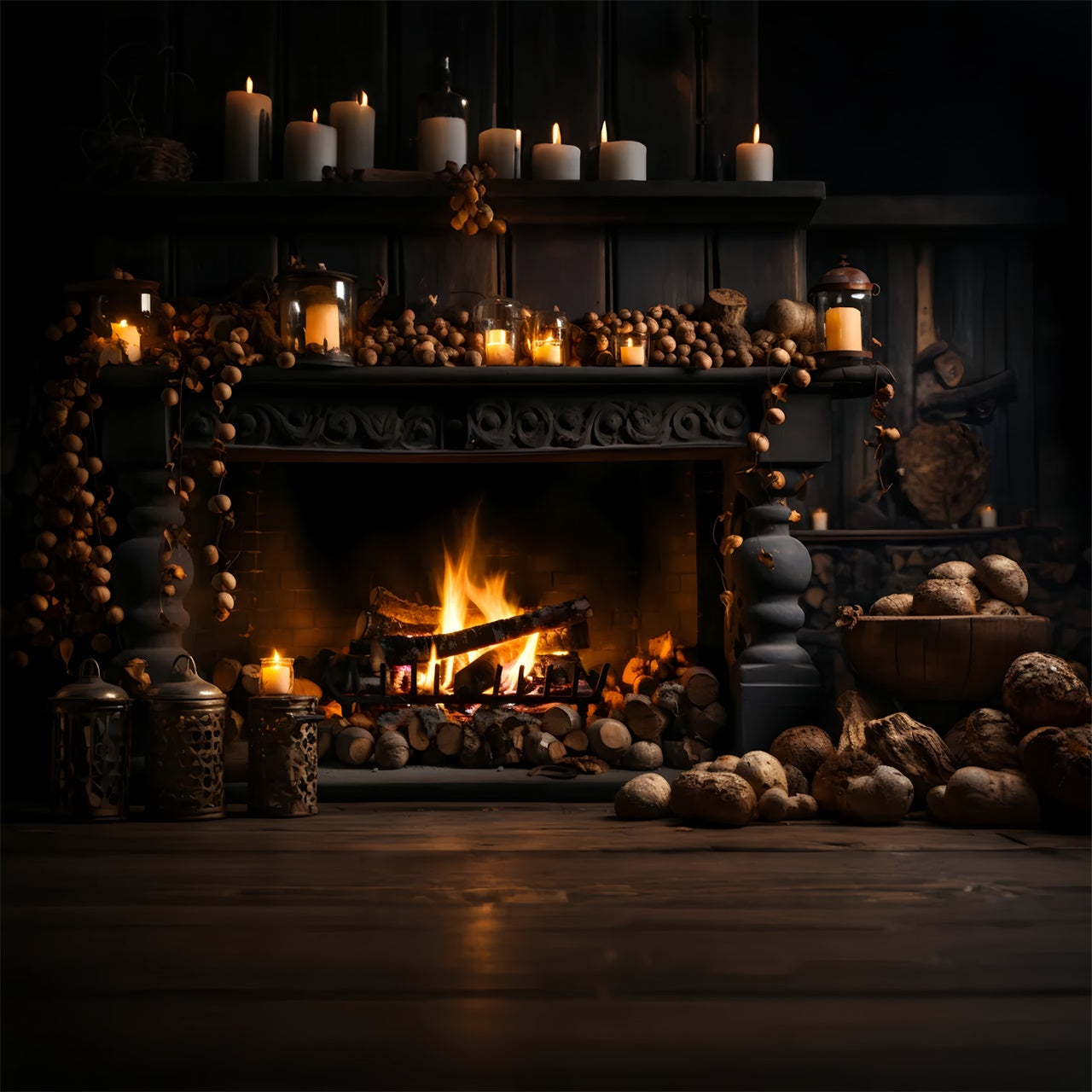 Autumn Black Fireplace and Firewood Photography Backdrop BRP7-131