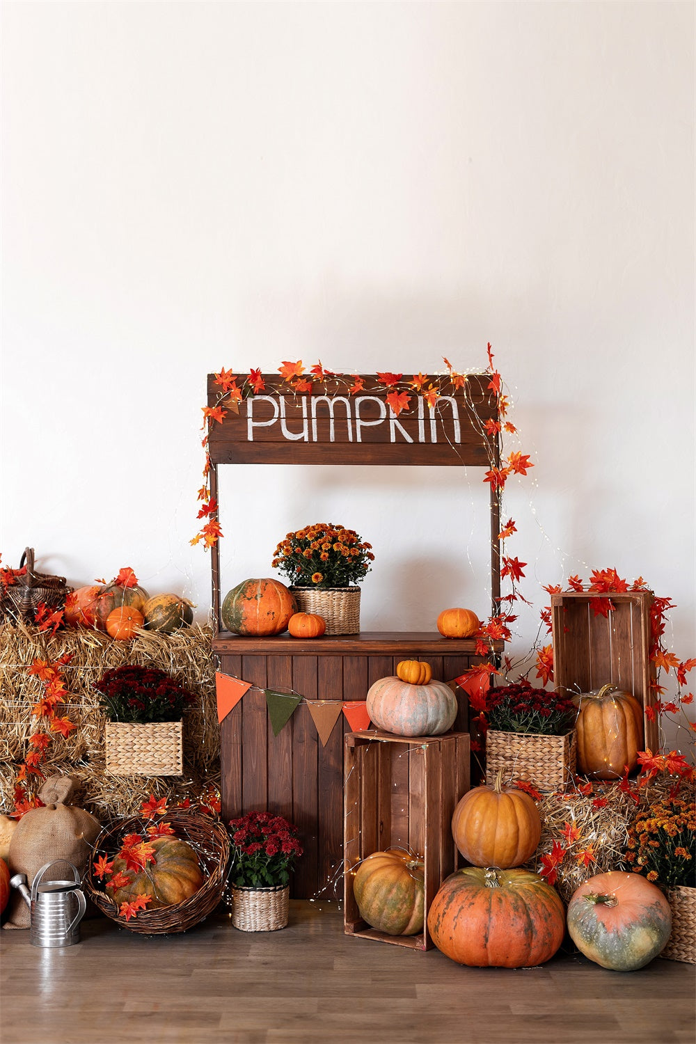 Autumn Pumpkin Stand Maple Leaves Photography Backdrop BRP7-133