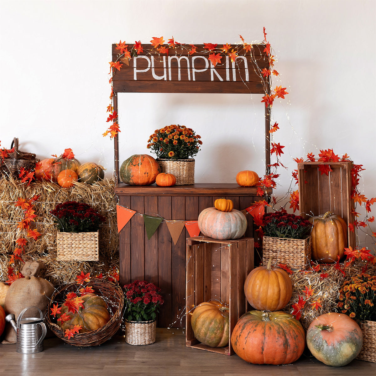 Autumn Pumpkin Stand Maple Leaves Photography Backdrop BRP7-133