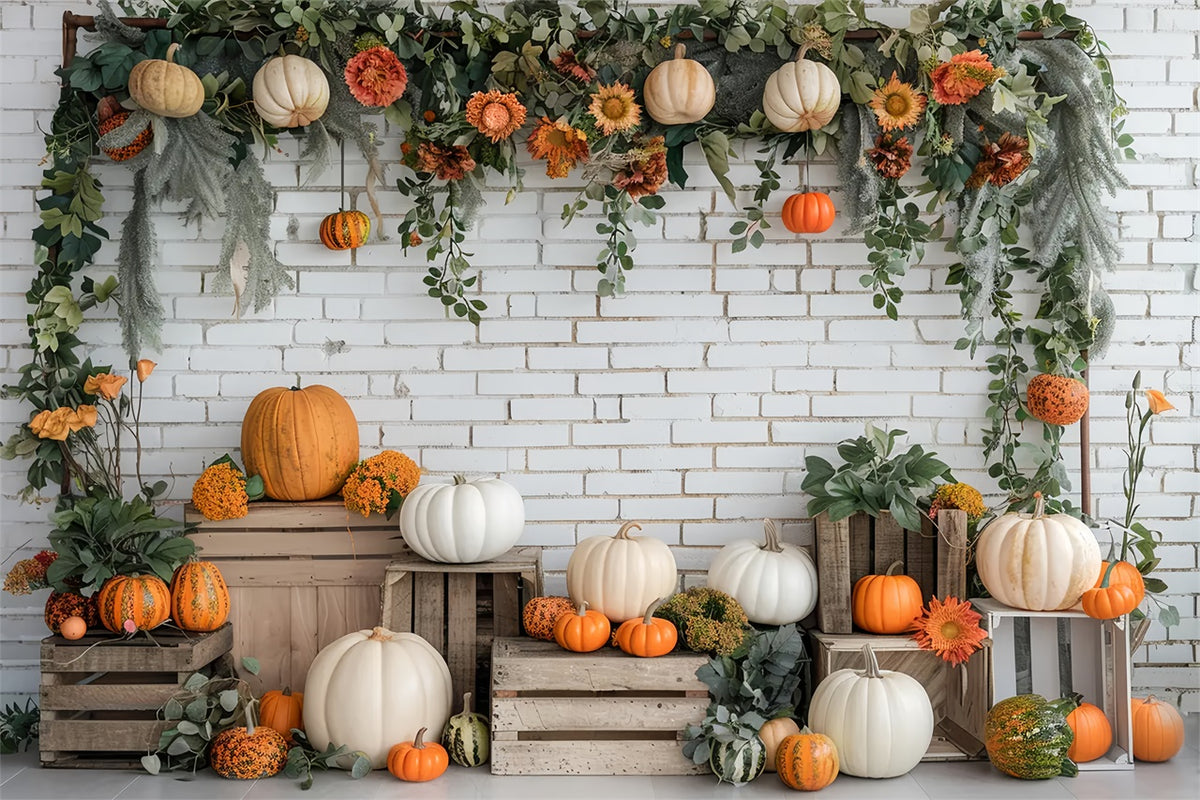 Autumn White Brick Pumpkin Stand Backdrop BRP7-140