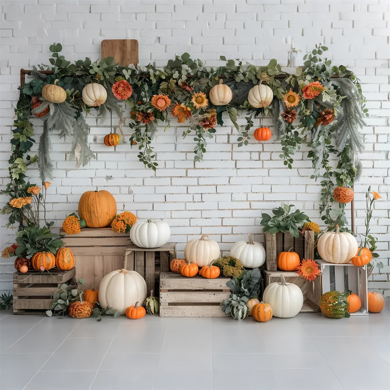 Autumn White Brick Pumpkin Stand Backdrop BRP7-140