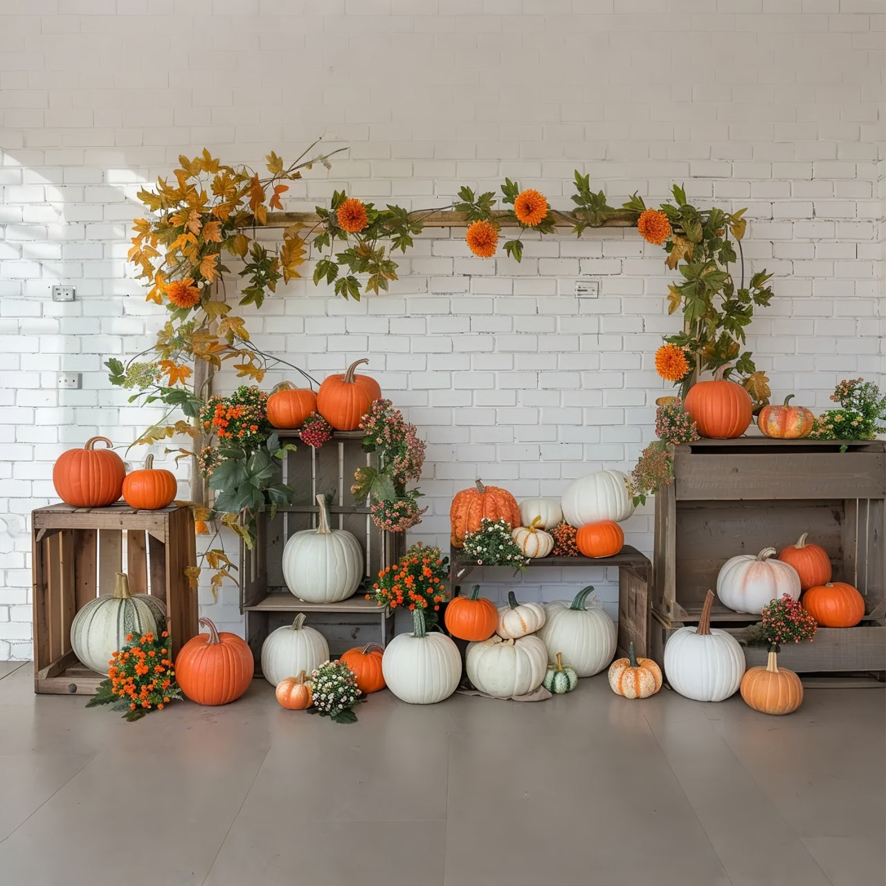 Autumn Pumpkin Shelf White Wall Photography Backdrop BRP7-141