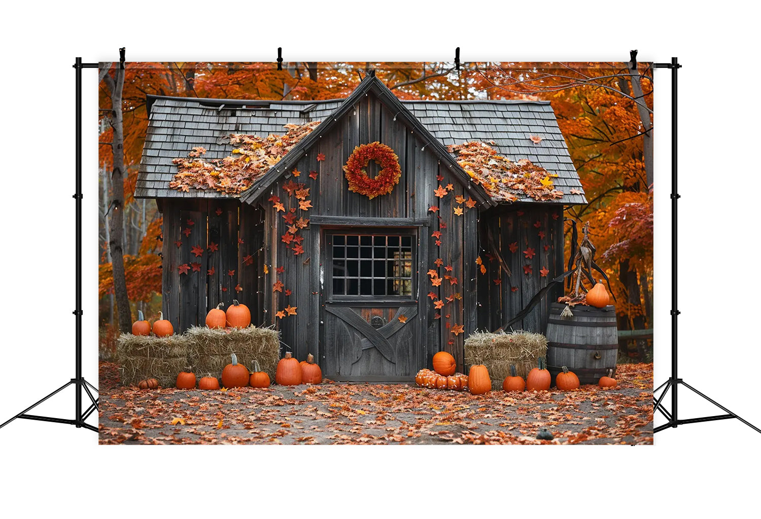 Autumn Wood Pumpkin House Leaves Photography Backdrop BRP7-144