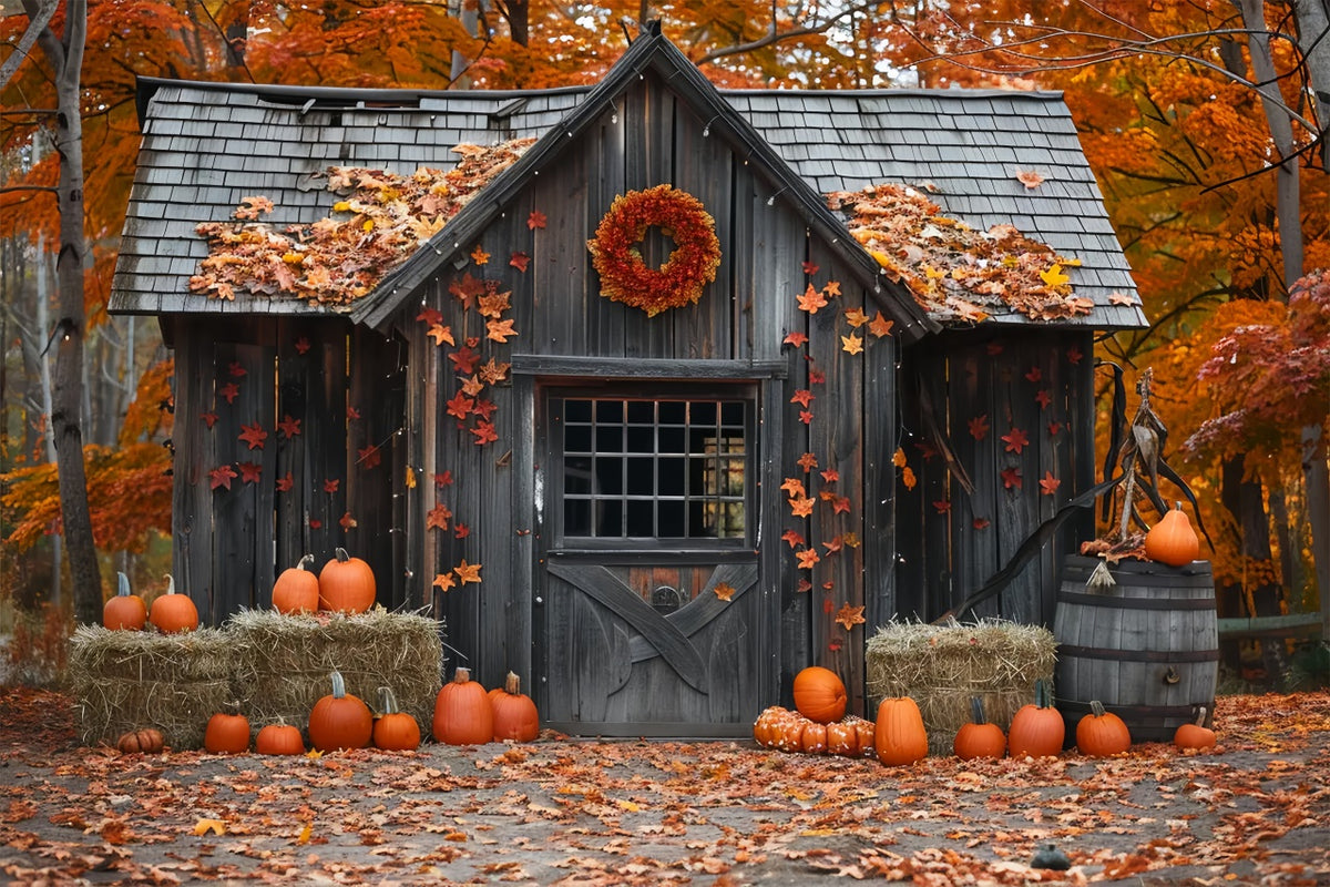 Autumn Wood Pumpkin House Leaves Photography Backdrop BRP7-144