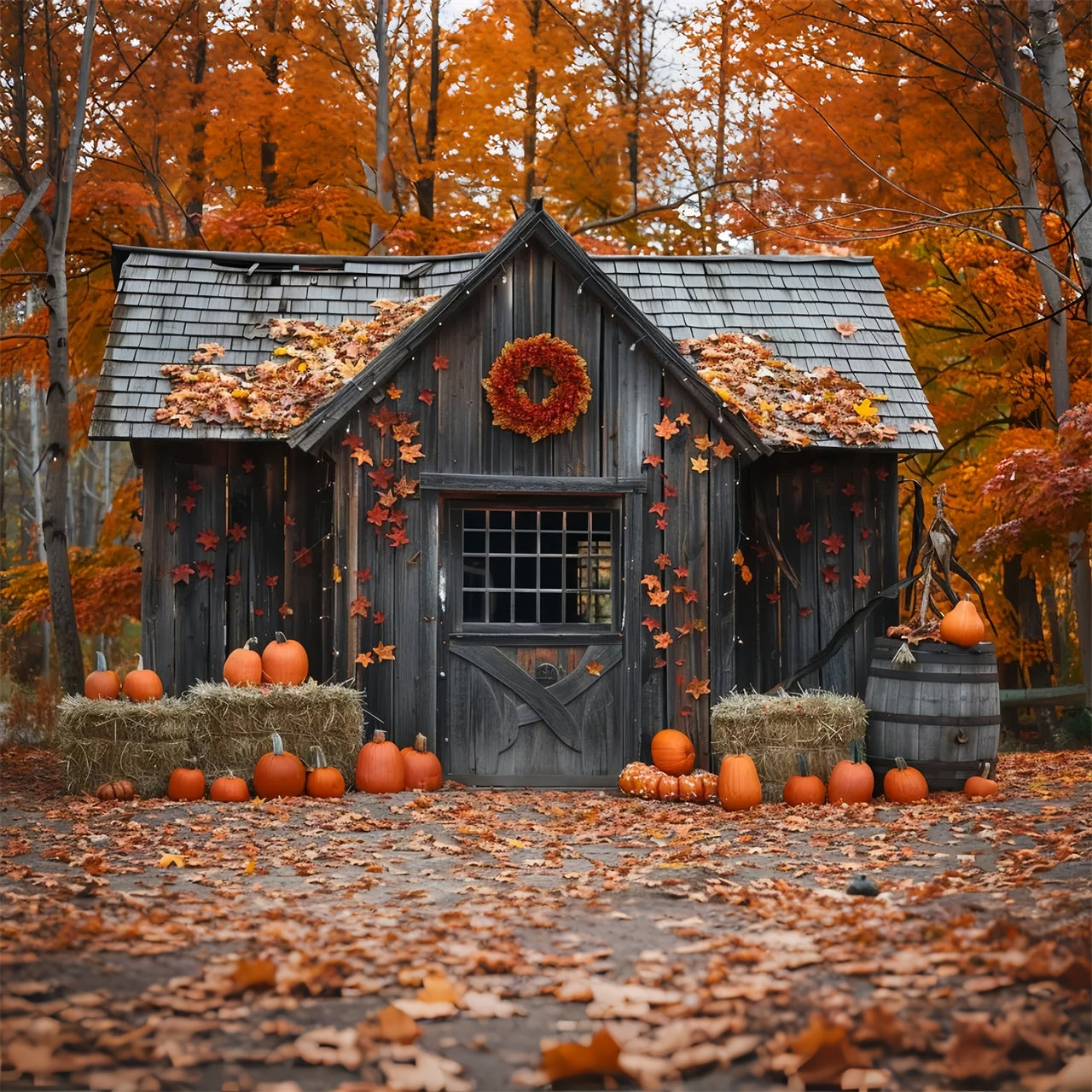 Autumn Wood Pumpkin House Leaves Photography Backdrop BRP7-144