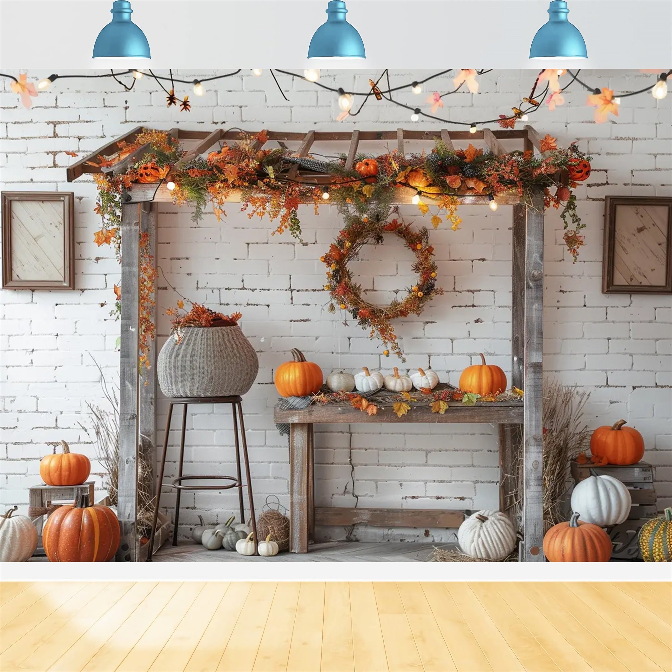 Autumn White Brick Lamp Pumpkin Stand Backdrop BRP7-145