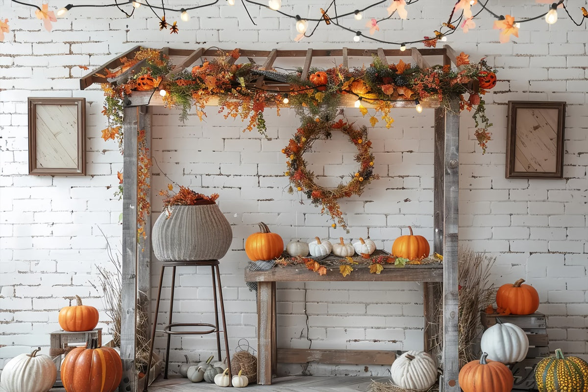 Autumn White Brick Lamp Pumpkin Stand Backdrop BRP7-145