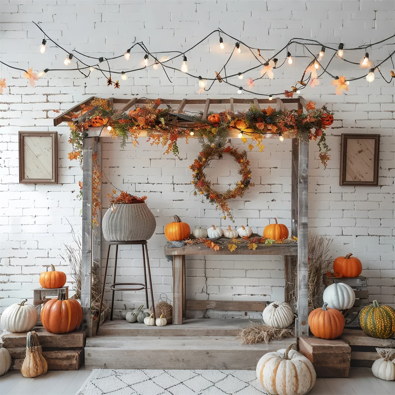 Autumn White Brick Lamp Pumpkin Stand Backdrop BRP7-145