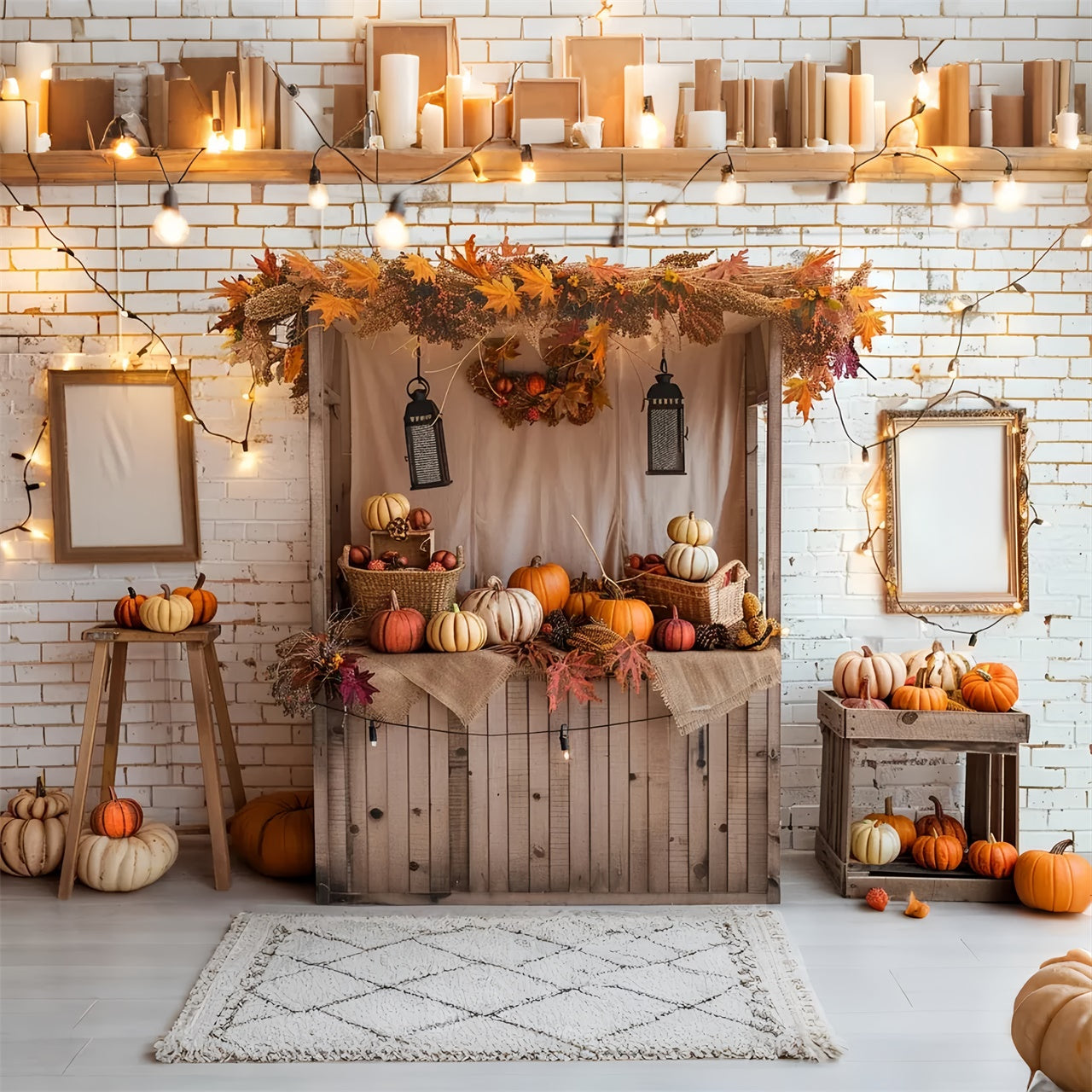 Autumn Pumpkin Shop White Brick Photography Backdrop BRP7-146