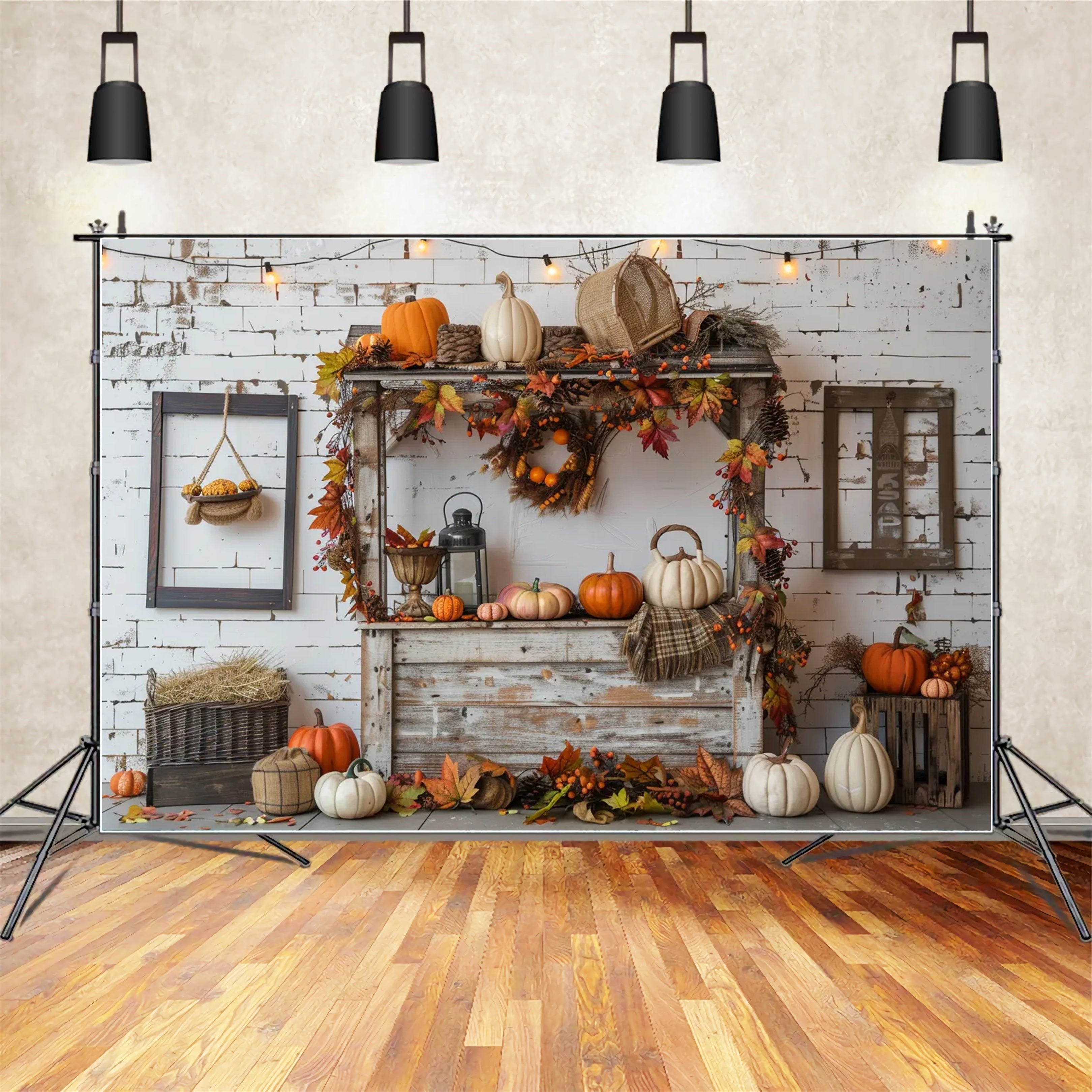 Autumn White Brick Pumpkin Photography Backdrop BRP7-147