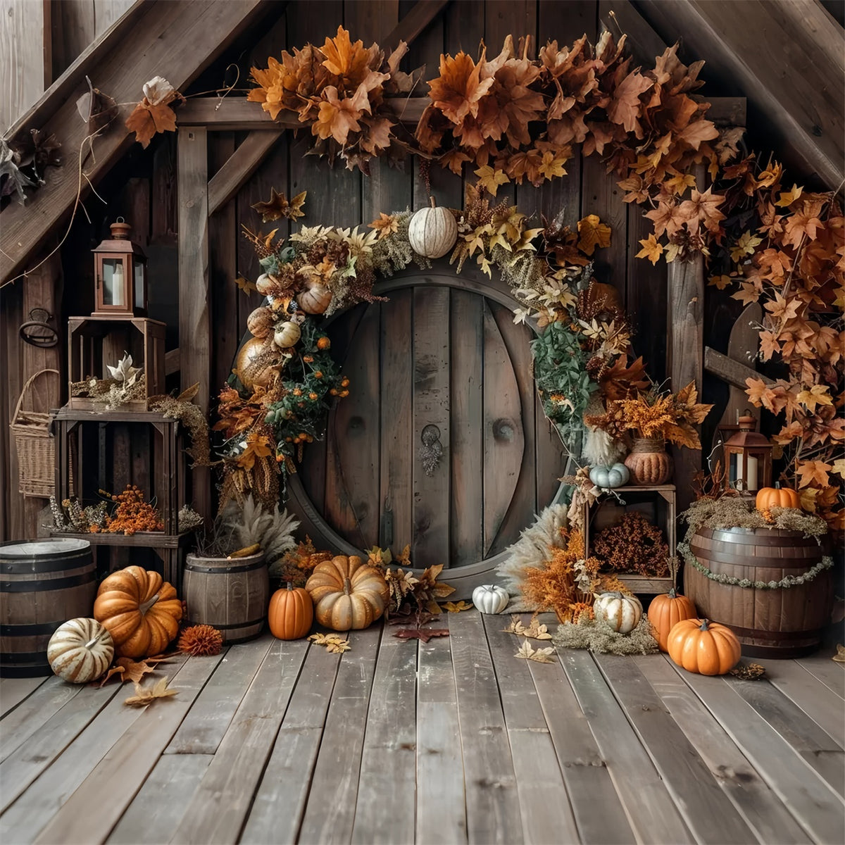 Round Pumpkin Barn Door Autumn Leaves Backdrop BRP7-152