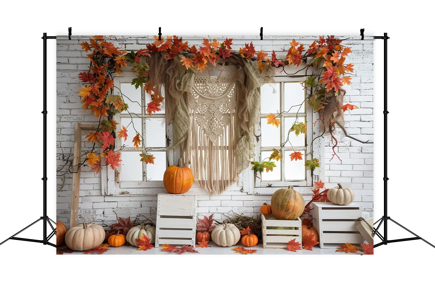 Autumn White Tapestry Leaf Window Photography Backdrop BRP7-153