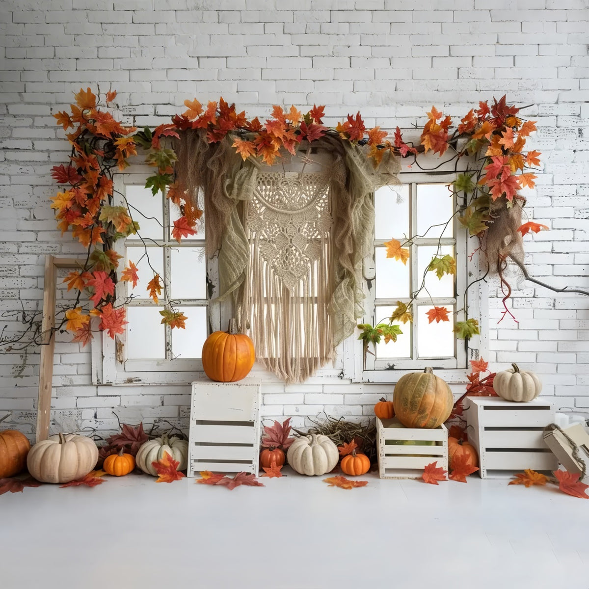 Autumn White Tapestry Leaf Window Photography Backdrop BRP7-153