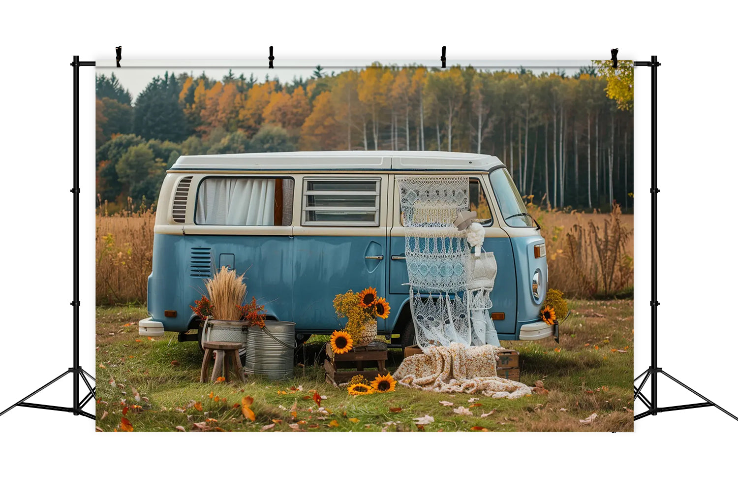 Autumn Forest Blue Bus with Sunflowers Backdrop BRP7-155