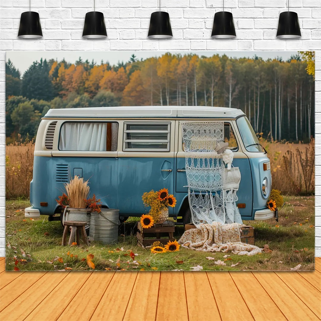 Autumn Forest Blue Bus with Sunflowers Backdrop BRP7-155