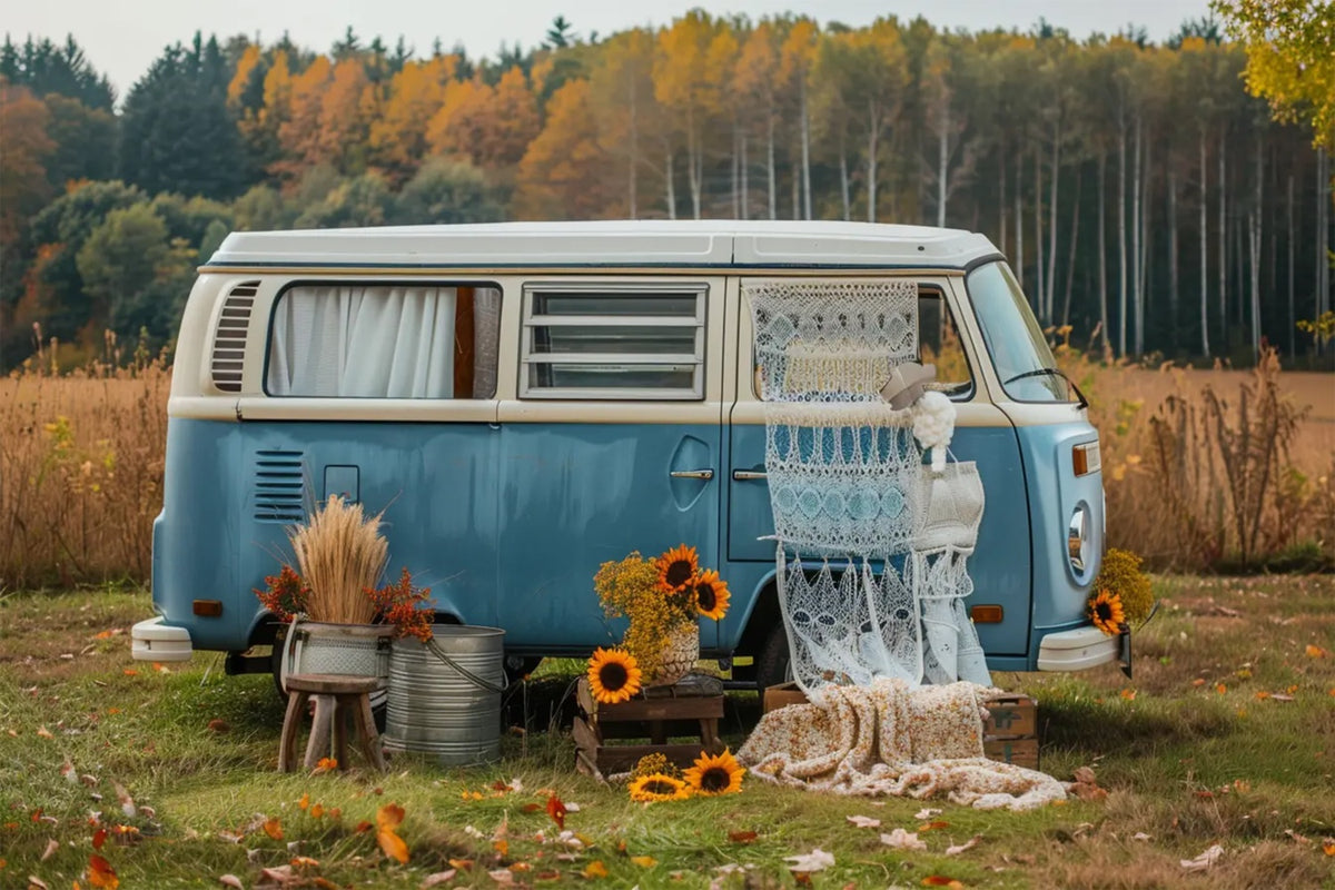 Autumn Forest Blue Bus with Sunflowers Backdrop BRP7-155