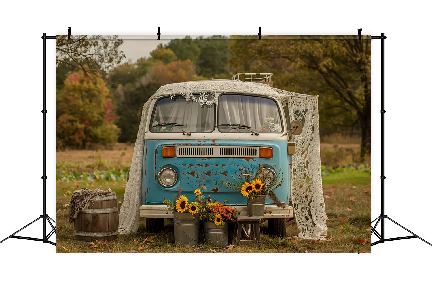 Fall Sunflower Blue White Bus Photography Backdrop BRP7-156