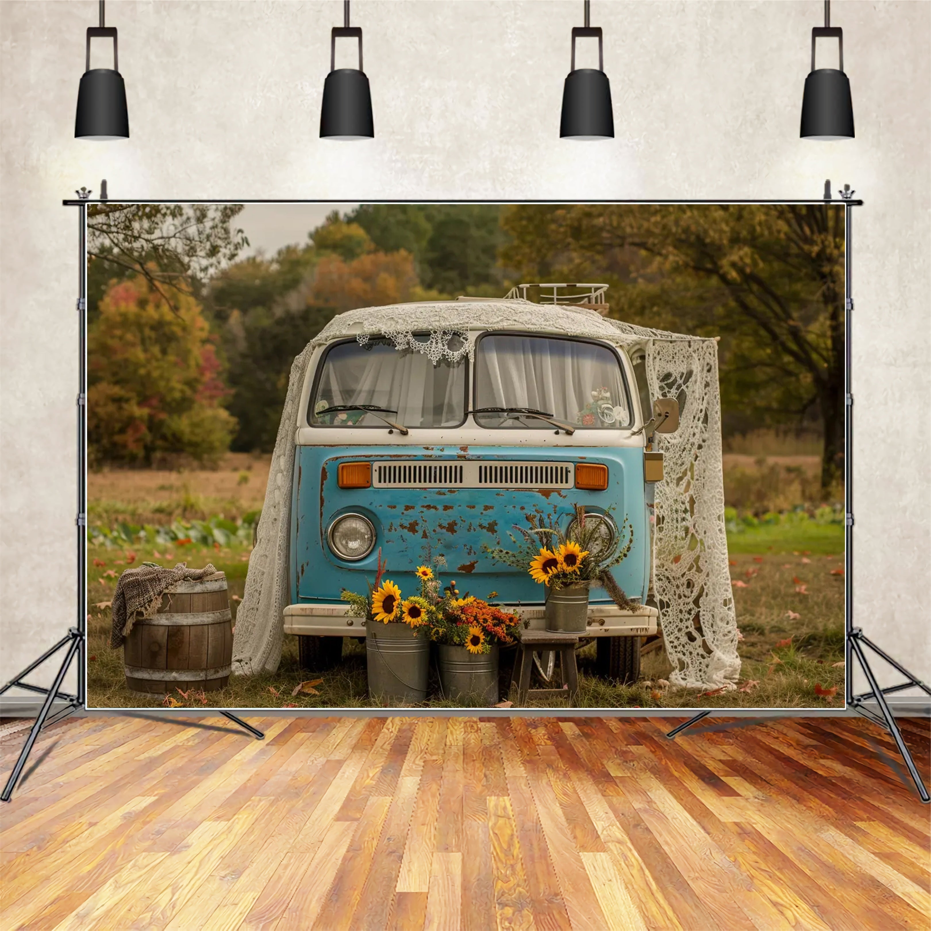 Fall Sunflower Blue White Bus Photography Backdrop BRP7-156