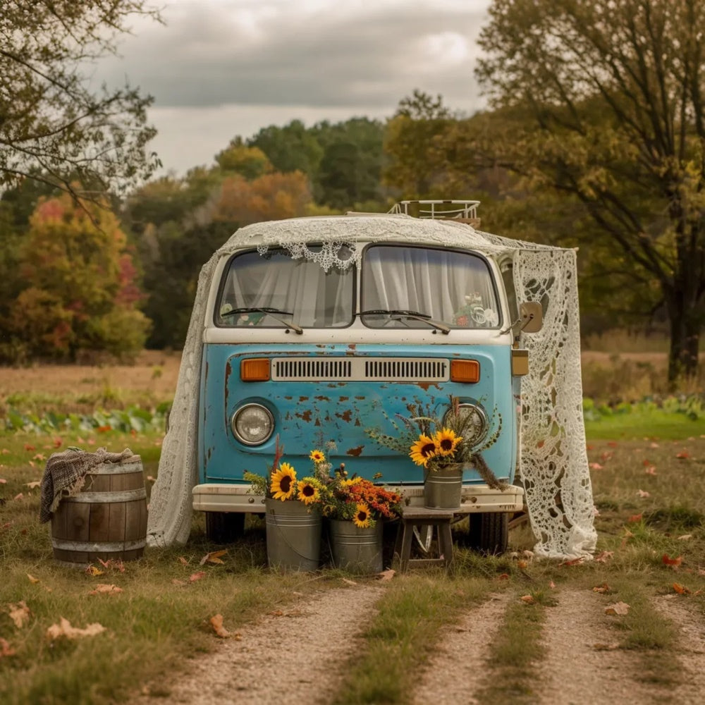 Fall Sunflower Blue White Bus Photography Backdrop BRP7-156