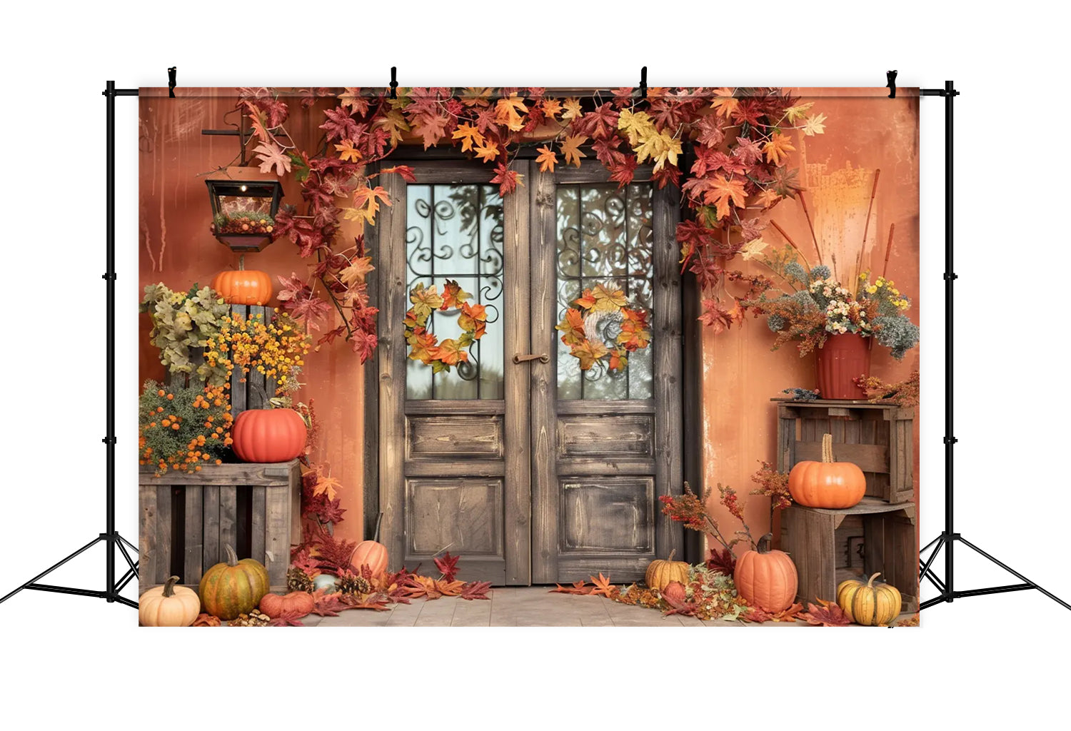 Fall Orange Wall with Leaves Pumpkin Backdrop BRP7-157