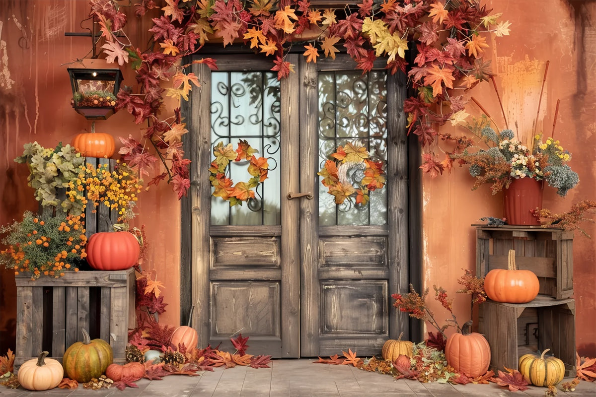 Fall Orange Wall with Leaves Pumpkin Backdrop BRP7-157