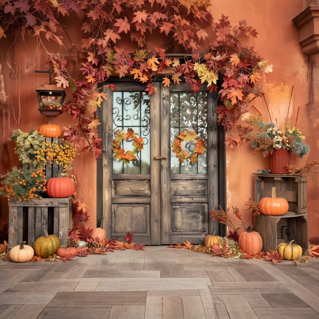 Fall Orange Wall with Leaves Pumpkin Backdrop BRP7-157