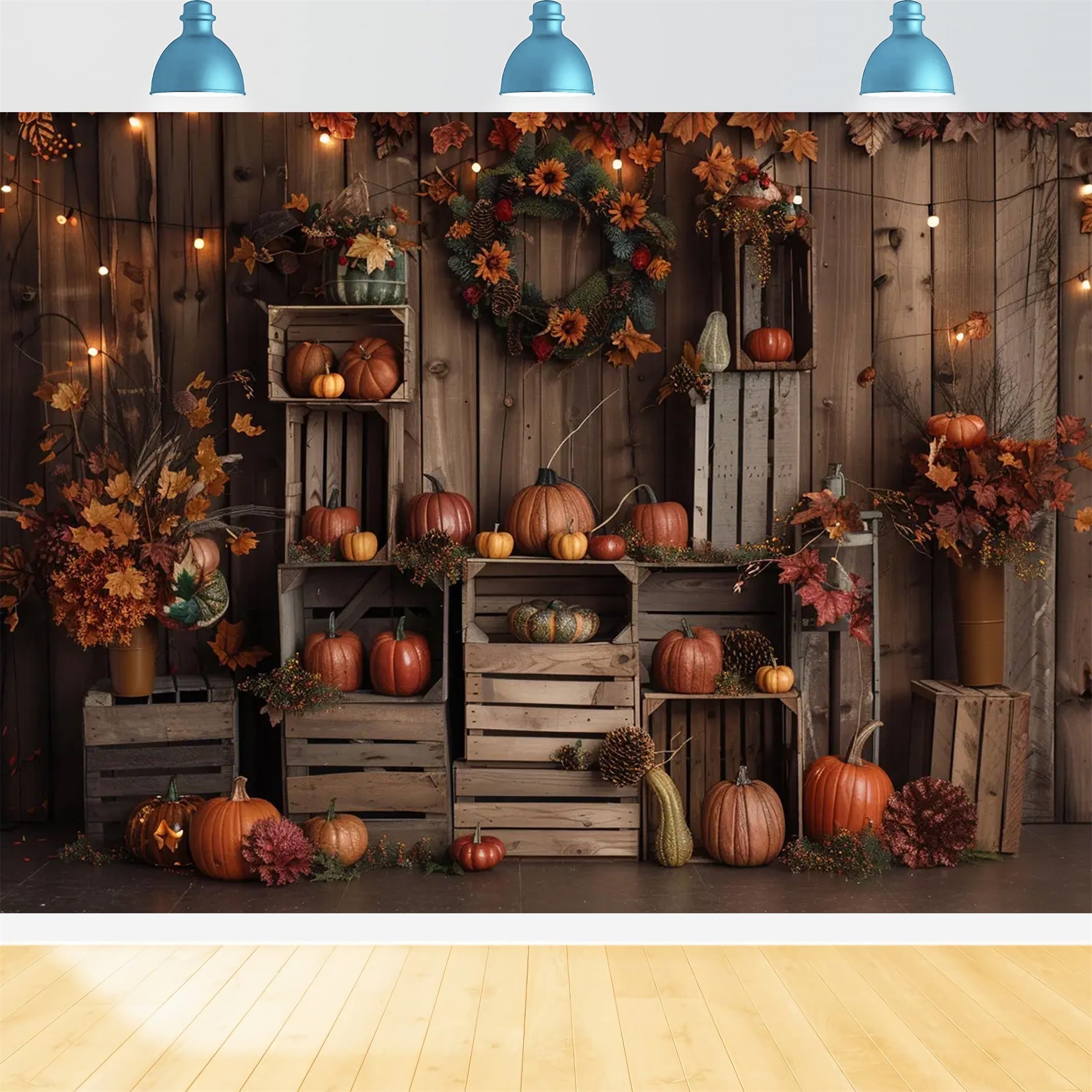 Fall Dark Brown Wood Pumpkin Leaf Backdrop BRP7-160