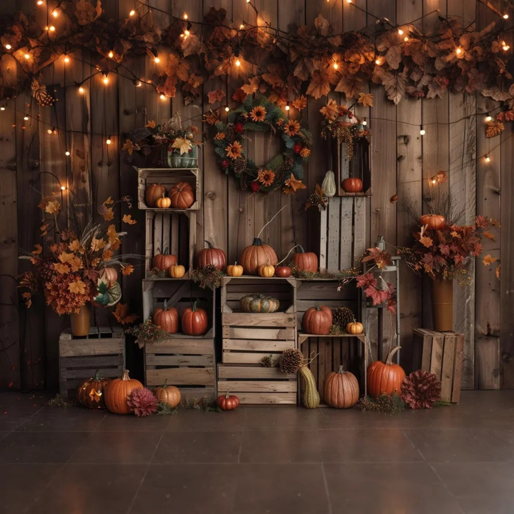 Fall Dark Brown Wood Pumpkin Leaf Backdrop BRP7-160