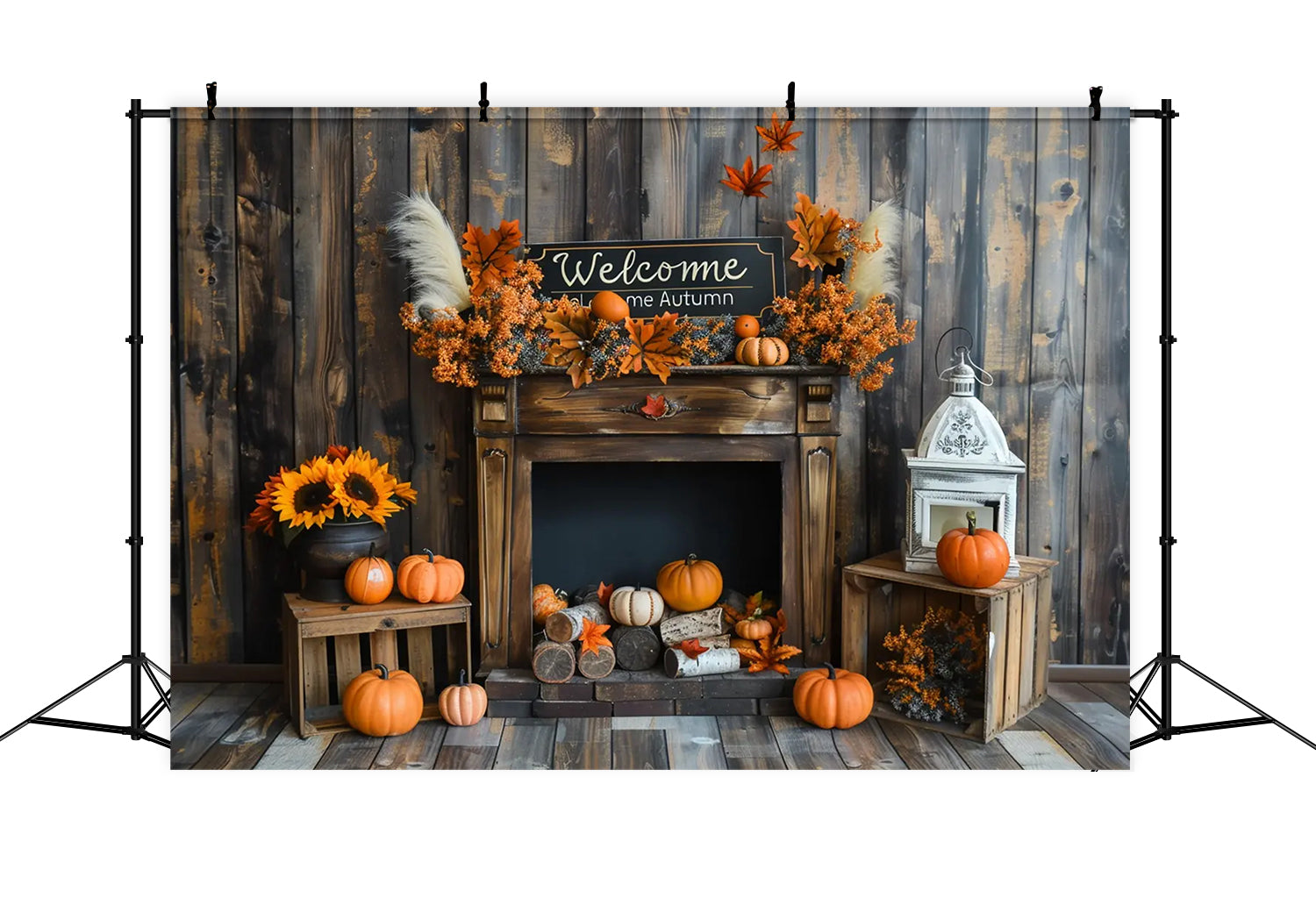 Welcome Autumn Pumpkins Wood Sunflowers Photography Backdrop BRP7-162