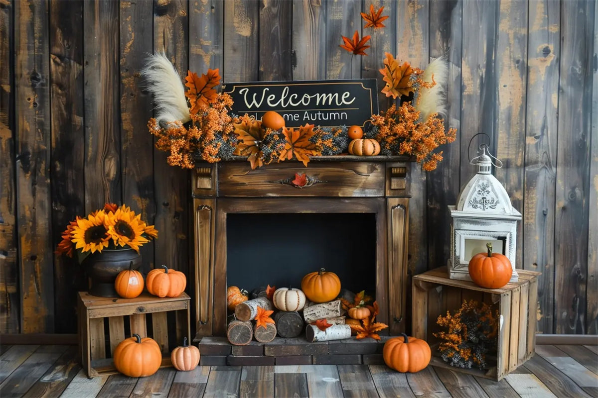 Welcome Autumn Pumpkins Wood Sunflowers Photography Backdrop BRP7-162