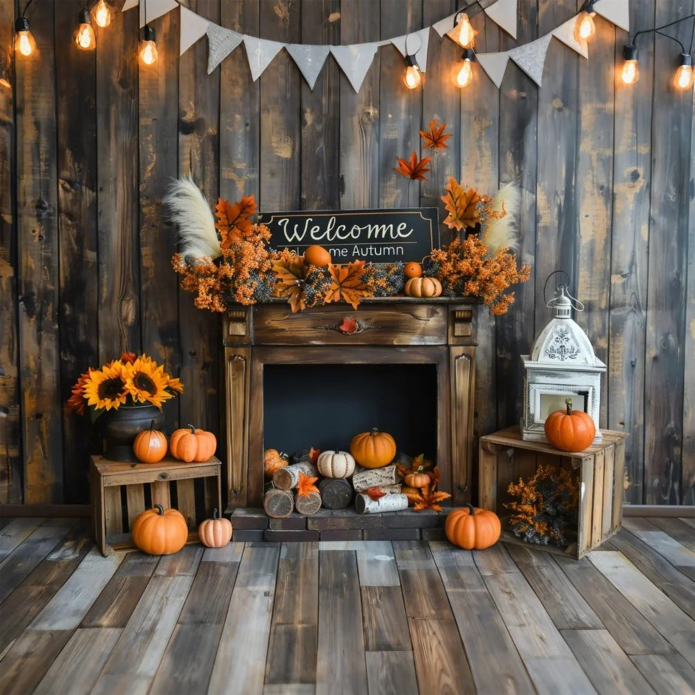 Welcome Autumn Pumpkins Wood Sunflowers Photography Backdrop BRP7-162