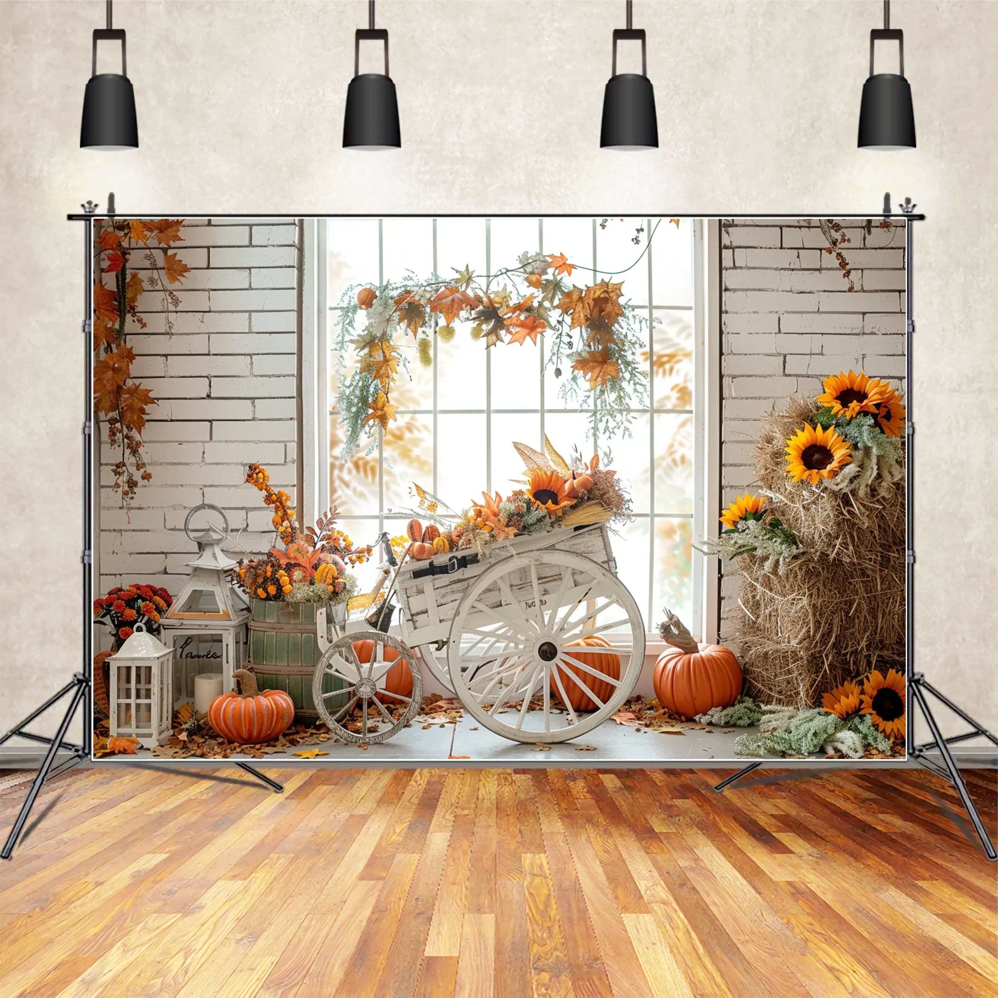 Autumn Straw Pumpkin Maple Leaf Tricycle Backdrop BRP7-163