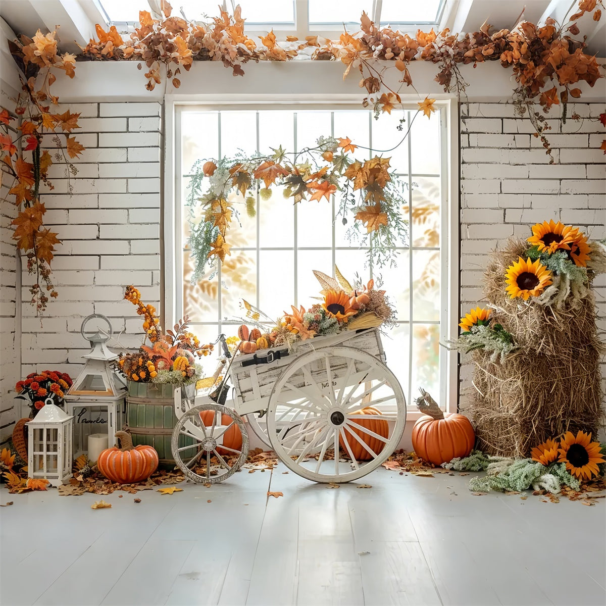 Autumn Straw Pumpkin Maple Leaf Tricycle Backdrop BRP7-163