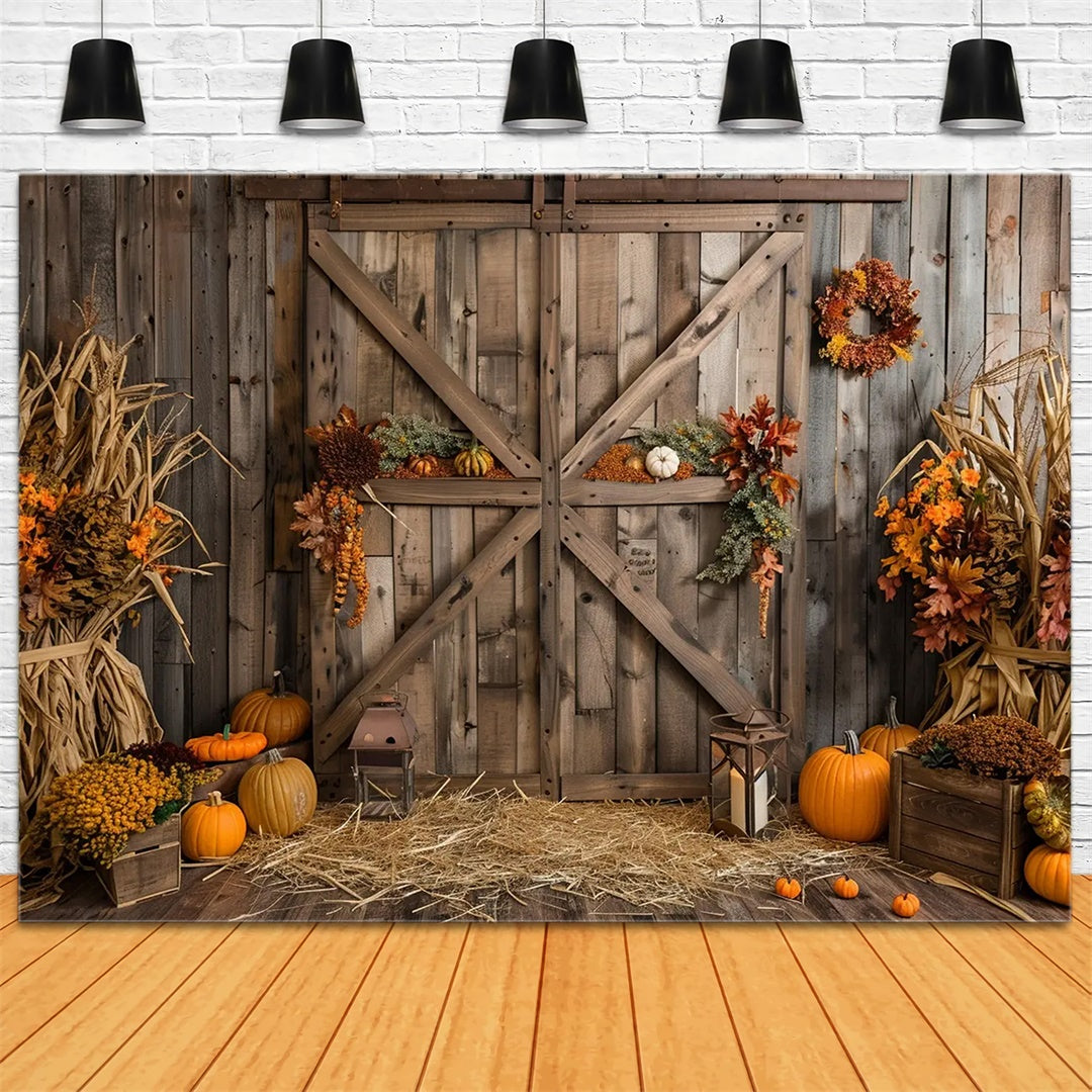 Autumn Pumpkin Brown Wooden Barn Door Backdrop BRP7-164