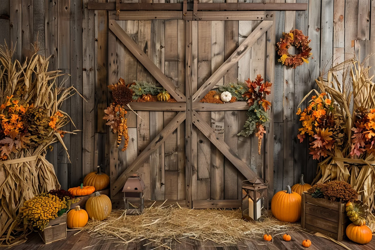 Autumn Pumpkin Brown Wooden Barn Door Backdrop BRP7-164