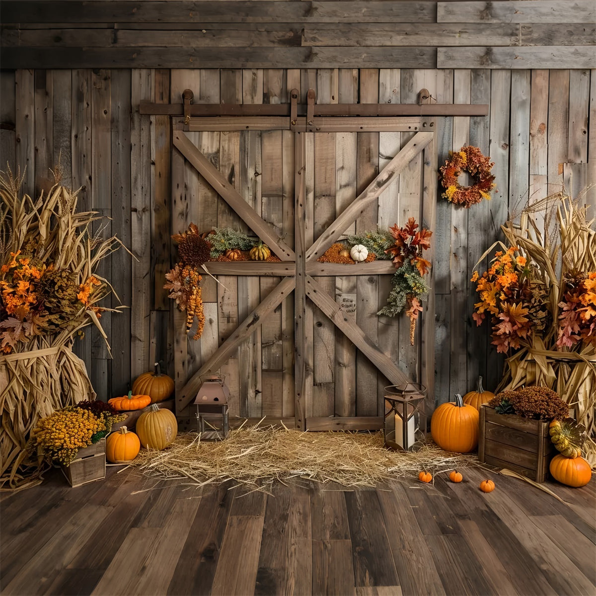 Autumn Pumpkin Brown Wooden Barn Door Backdrop BRP7-164