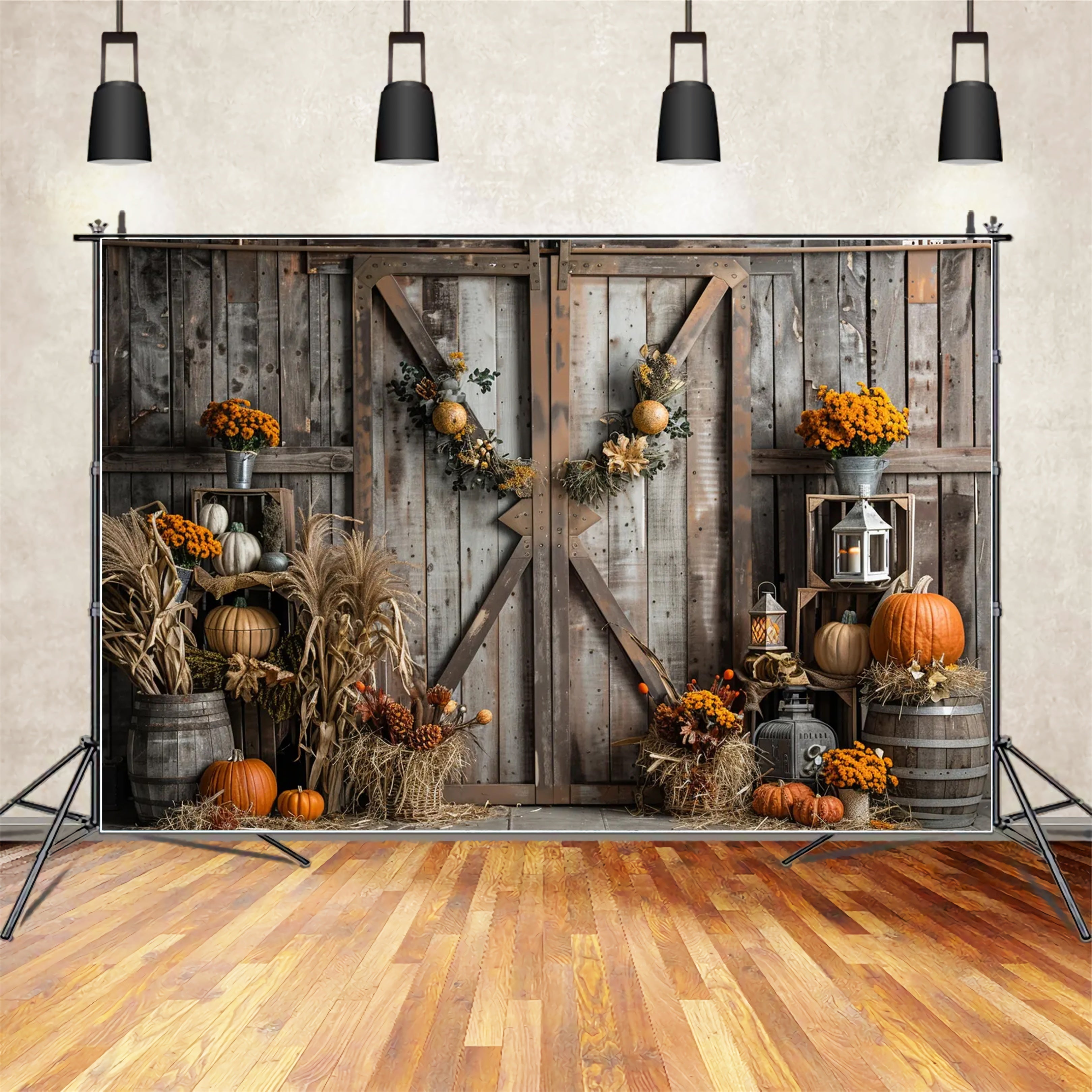 Autumn Brown Wooden Door Straw Pumpkin Backdrop BRP7-165