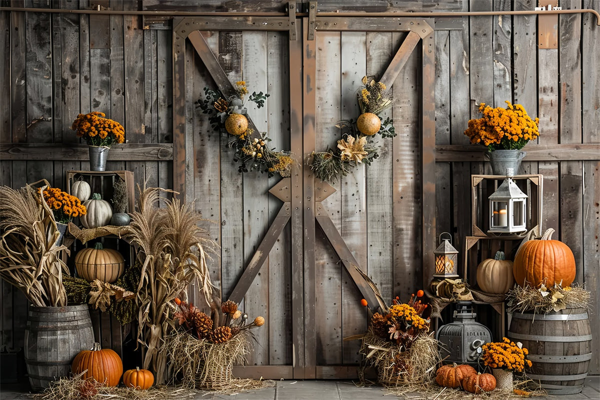 Autumn Brown Wooden Door Straw Pumpkin Backdrop BRP7-165