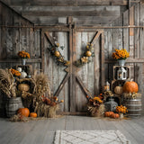 Autumn Brown Wooden Door Straw Pumpkin Backdrop BRP7-165